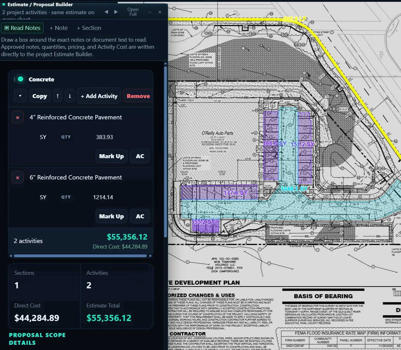 Actual Unlimited Civil estimate builder displayed alongside annotated construction plans
